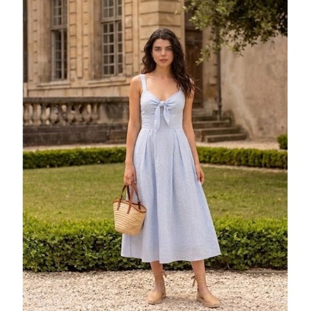 Gaala Paris Blue Striped Midi Dress French Cottagecore Tie Bust Cotton Size 36